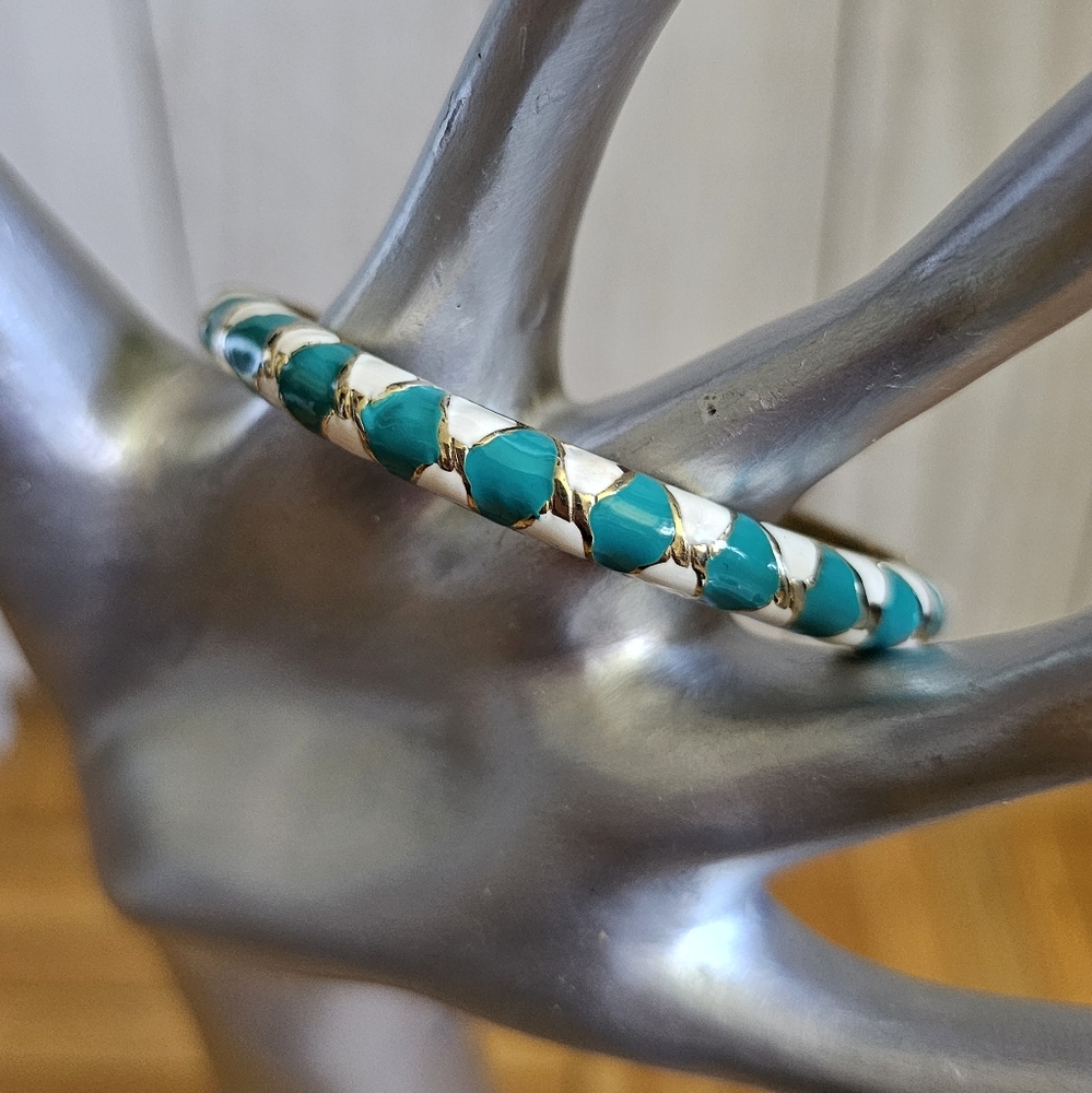 Vintage Goldtone, White & Teal Enamel Clamper Bracelet. Boho Bracelet.